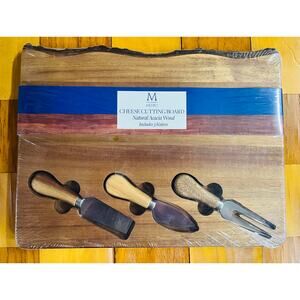 Acacia Wood Cheese Board Serving Set w/ Knives 13x10 Rough Edge by Medici Sealed